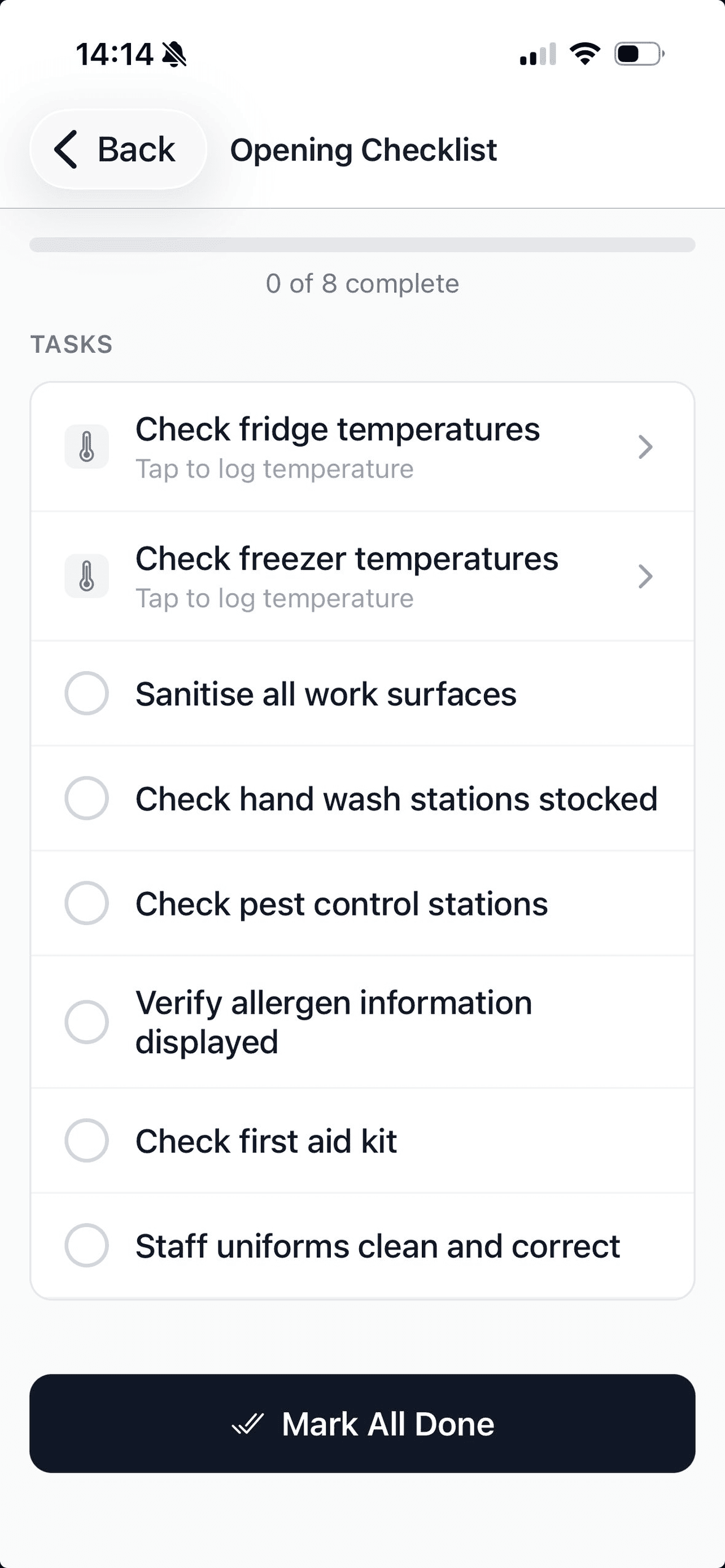Reko opening checklist on iPhone