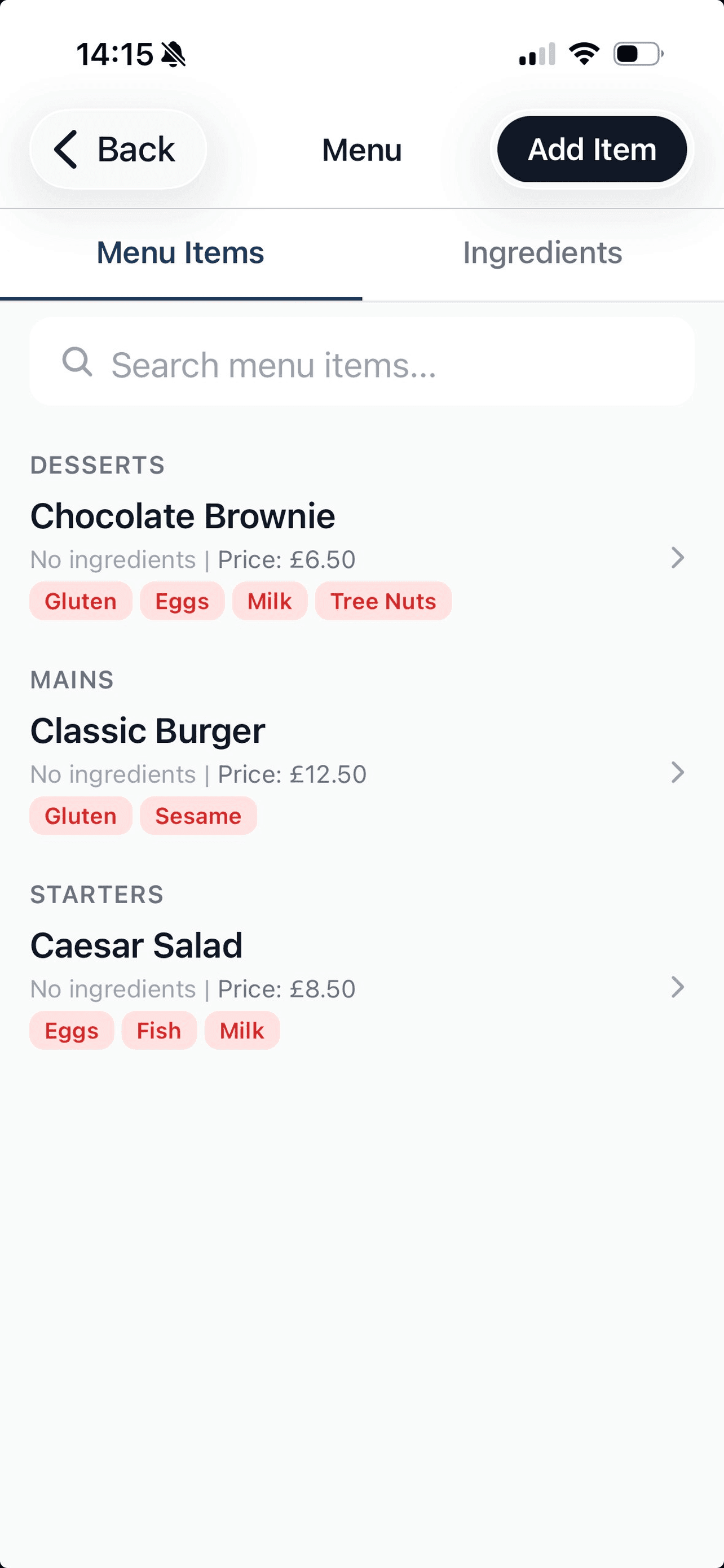 Reko menu and allergen management on iPhone