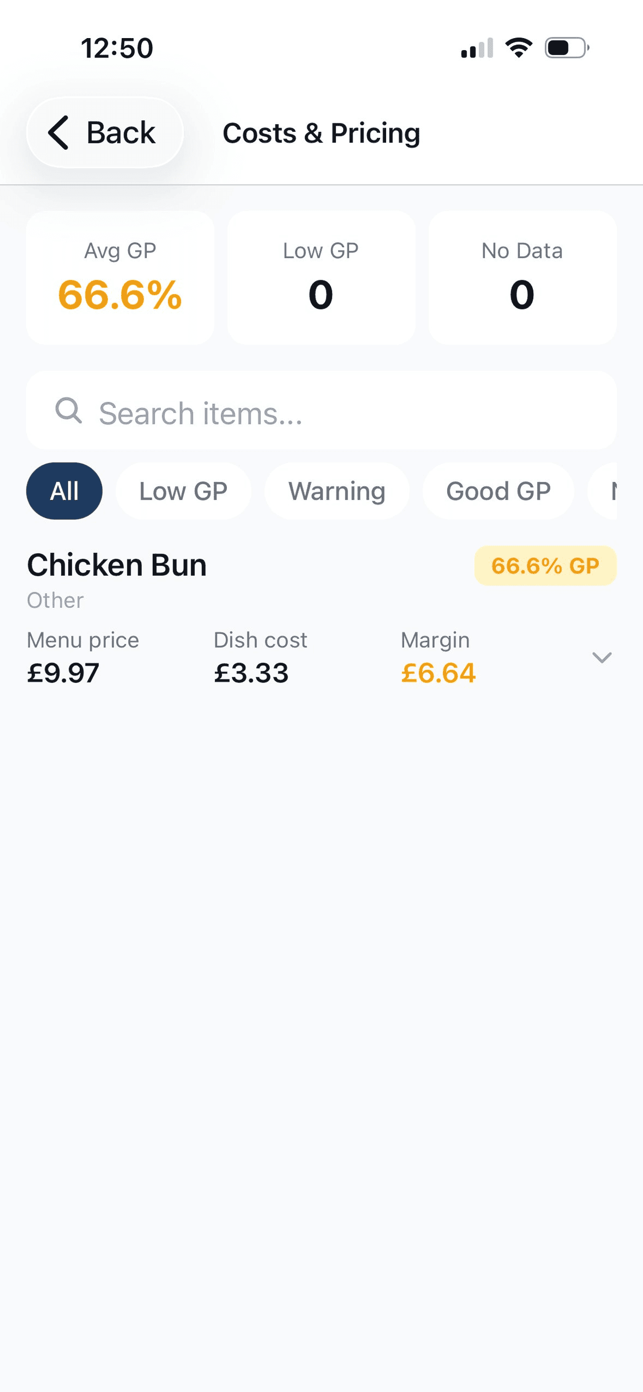 Reko food costs and gross profit view on iPhone